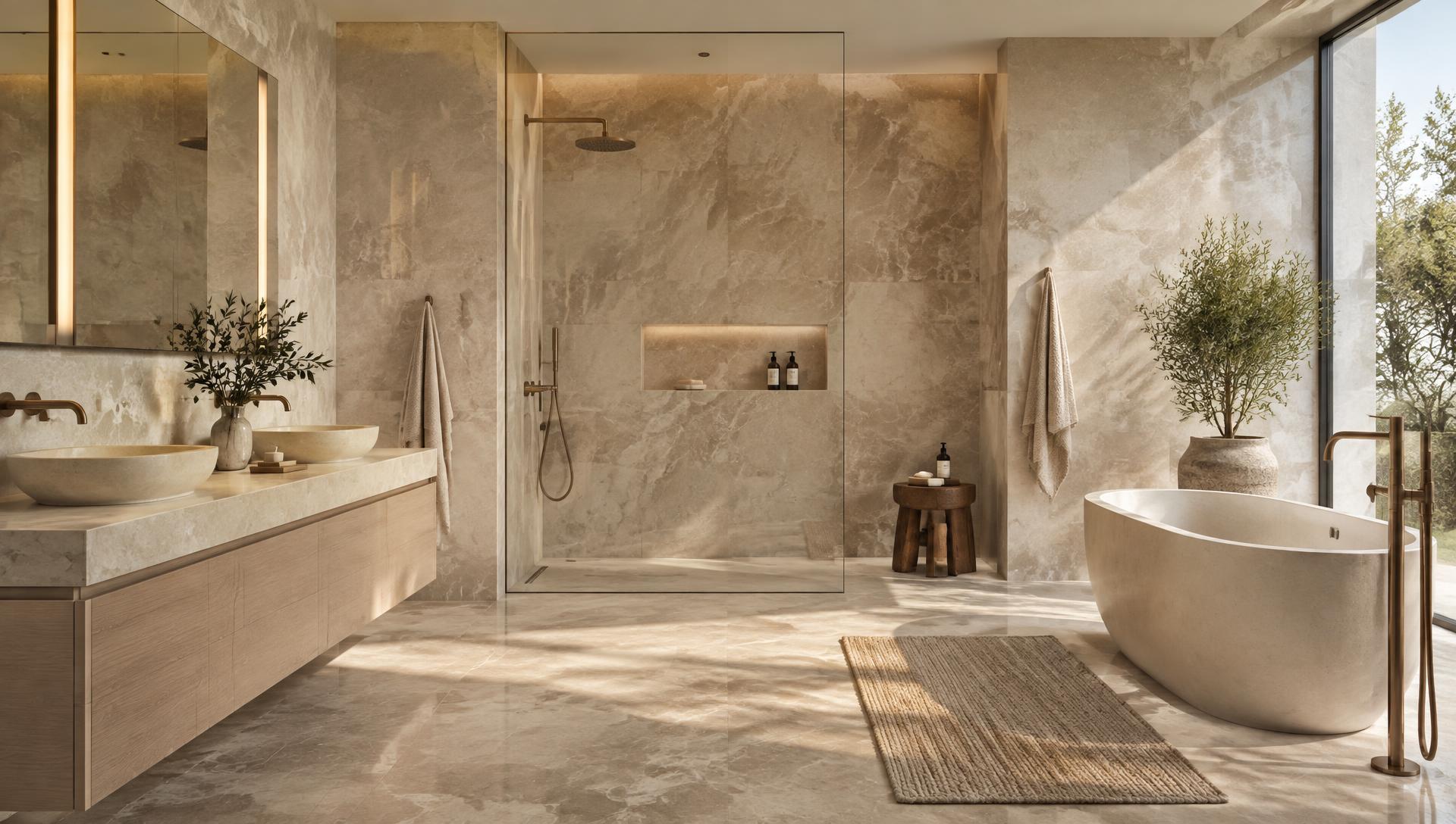 Modernes Badezimmer mit begehbarer Dusche und Naturstein-Optik in Wallisellen